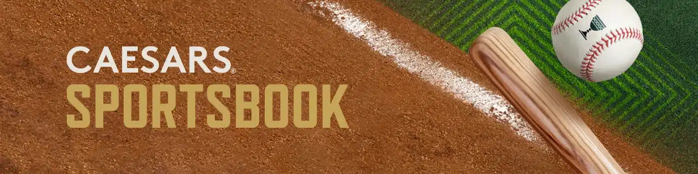 Caesars Sportsbook kansas desktop image with a baseball bat and ball on a baseball field
