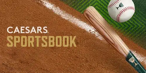 Caesars Sportsbook kansas image with a baseball bat and ball on a baseball field